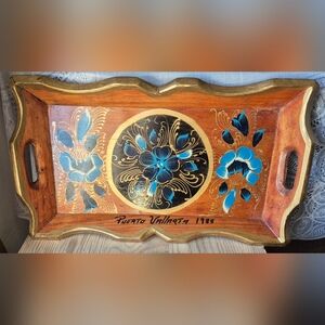 Vintage Hand Painted Wooden Tray Mexican Folk Art Mexico Home Décor 